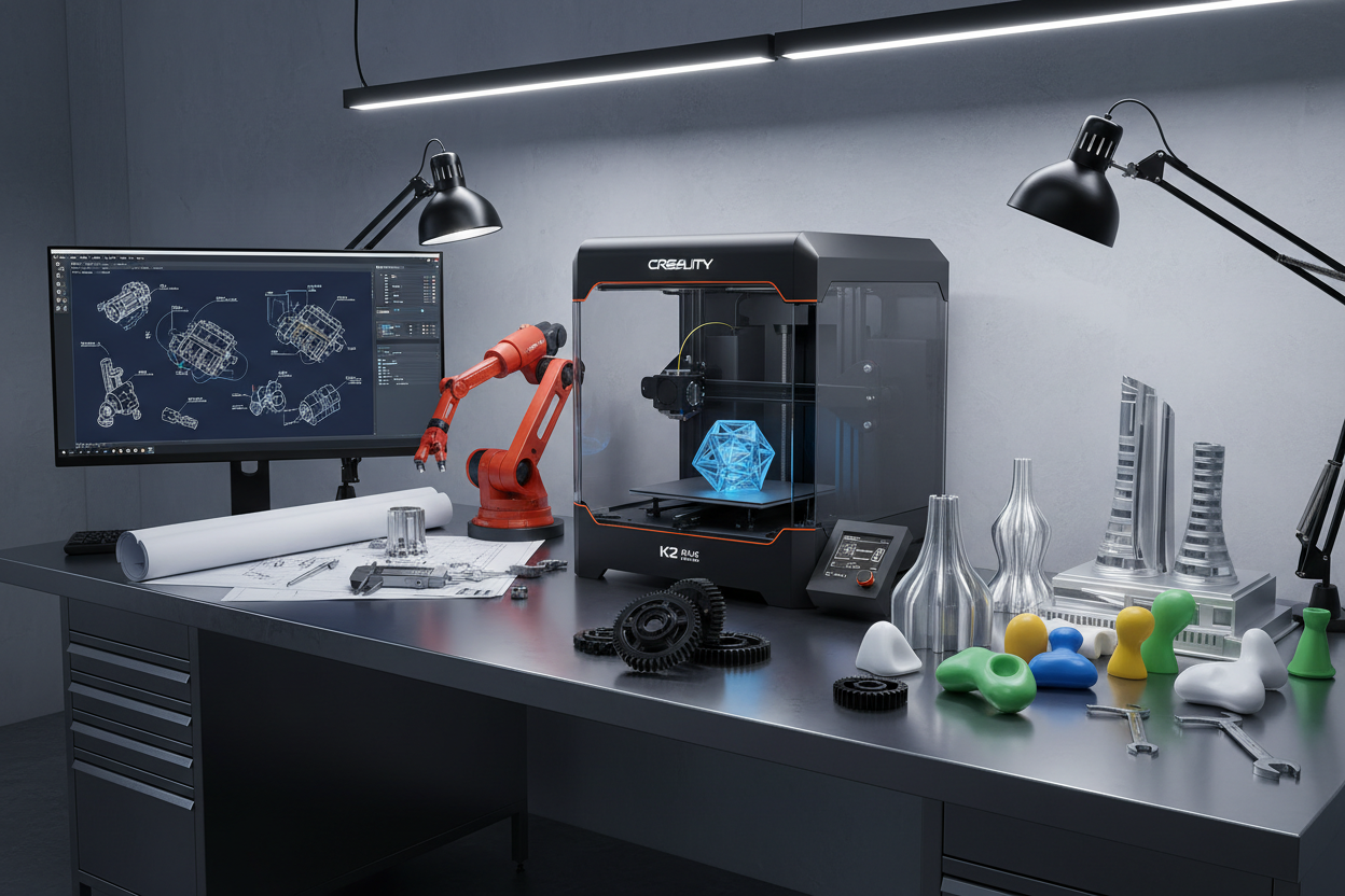 3d printer creality k2 plus and printed products and designing and prototyping reverse engineering