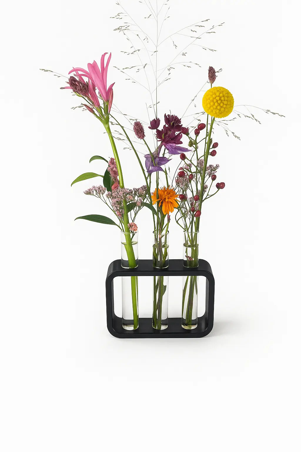 Moderne Zwarte Houder met 3 Glazen Vaasjes – Decoratief Planten- & Bloemenrek voor Stekjes, Droogbloemen en Interieurstyling HuubSolutions