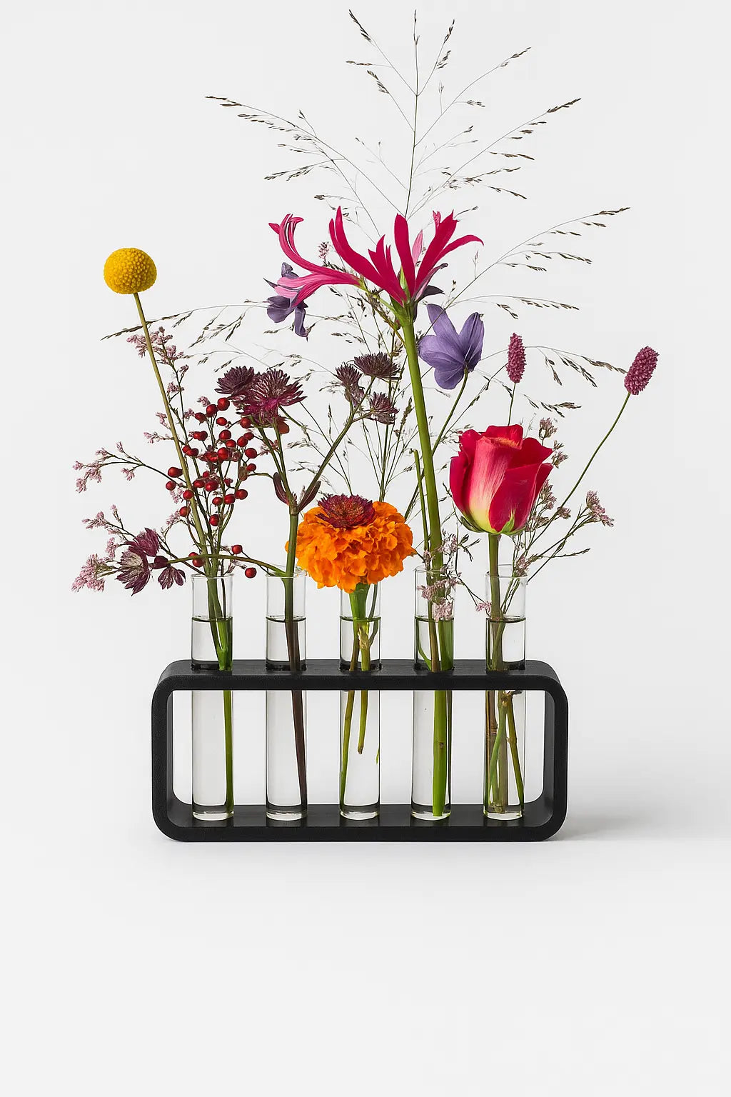 Moderne Zwarte Houder met 5 Glazen Vaasjes – Stijlvolle Decoratieve Set voor Stekjes, Bloemen en Droogbloemen HuubSolutions