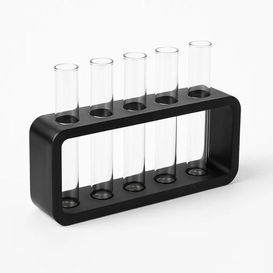 Moderne Zwarte Houder met 5 Glazen Vaasjes – Stijlvolle Decoratieve Set voor Stekjes, Bloemen en Droogbloemen HuubSolutions